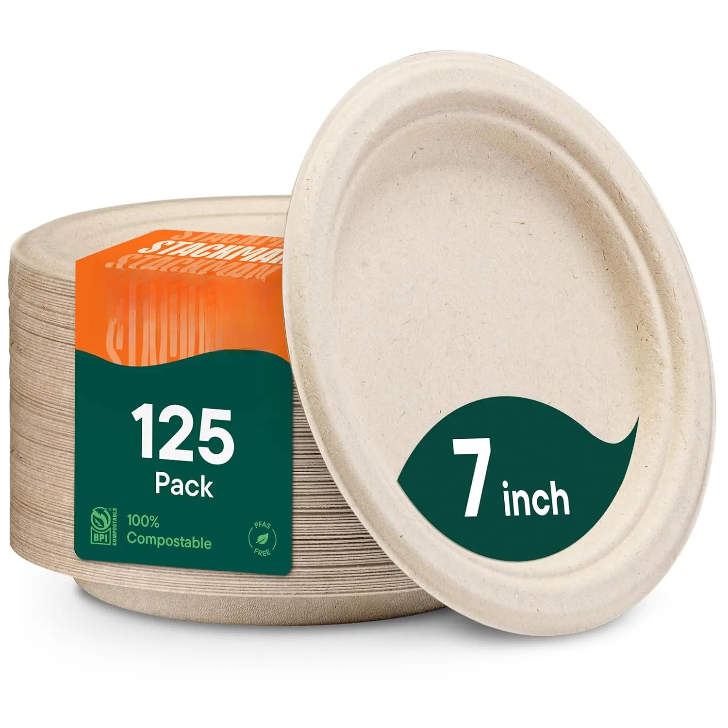 Paper Plates,  Compostable Heavy Duty, Disposable 7 Inch, Small Dessert Plate - [125-Pack] - {-Free} - {BPI Certified} , Biodegradable Bagasse  Brown 7" Small Plates