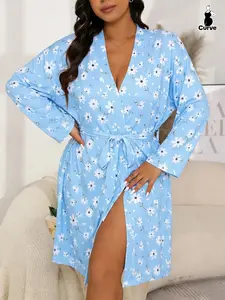 Women's Floral Print Long Sleeve Nightgown, Comfortable Sleepwear, Casual Home Robe, Loungewear Robe, Spring & Fall Fitted Style, 1 Piece Set