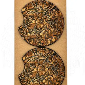 Tooled Leather Appearance Car Coasters - Soft Neoprene, Elegant Design, Durable & Practical, Set of Two, Perfect for Everyday Use, New Car Gift