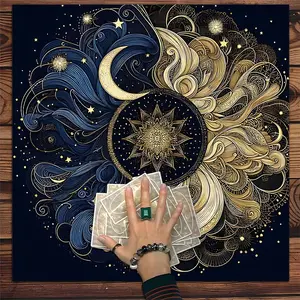 Cosmic Moon Mandala Design Tarot Tablecloth, 1 Count Tarot Card Reading Tablecloth, Witchcraft Rituals Astrology Games Room Setup Spiritual Mystical Sacred Space Party Gifts for Tarot Fans, Tarot Enthusiasts Practices