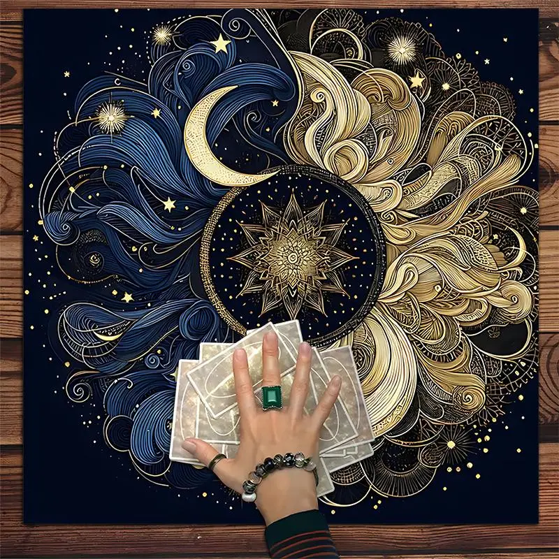 Cosmic Moon Mandala Design Tarot Tablecloth, 1 Count Tarot Card Reading Tablecloth, Witchcraft Rituals Astrology Games Room Setup Spiritual Mystical Sacred Space Party Gifts for Tarot Fans, Tarot Enthusiasts Practices, Round