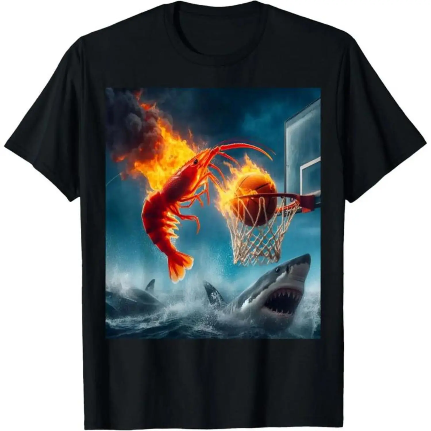 [Cotton graphic tees]men gifts Casual shortsleeve tops Shrimp Dunking on Shark Funny Fishing Meme T-Shirt
