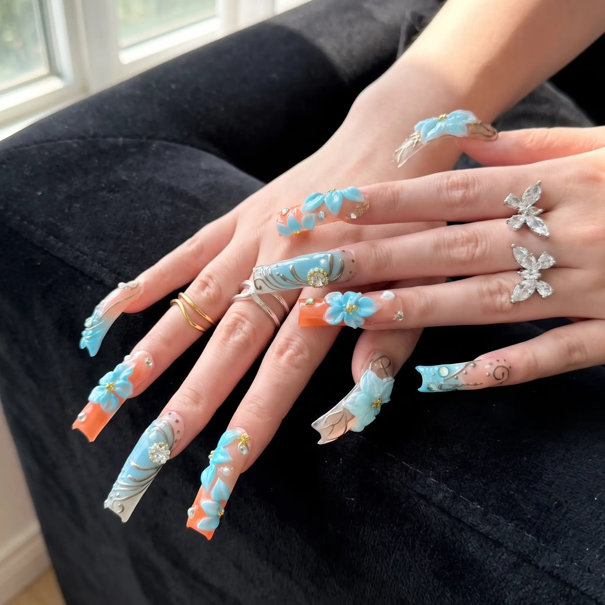 AVIARA  LONG Curved Square  10pcs Handmade Acrylic 3D Y2K Press On Nails Luxious Salon Quality Fake Nail detachable nails GQ07267