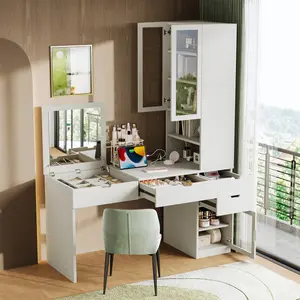 Bellemave]Versatile Makeup Vanity Desk with Mirror and Charging Station, Dressing Table with 8 Hidden Storage Compartments, Computer Desk with 3 Drawers, 2 Cabinets and Open Shelves,Home Office Desk, White