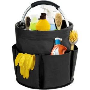 17L Black Portable Foldable Cleaning Caddy with Handle, Multi-functional Cleaning Supplies Organizer Storage Bucket Bag for Home and Garden