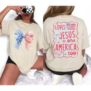 Women's Casual Flag T-Shirt, Loves Jesus and America Too Patriotic Coquette Tee, Easy Care, Machine Wash Safe, Full Size Range, Perfect Fit - KitchenEra
