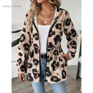 Women’s Casual Leopard Print Zip-Up Jacket – 100% Polyester, Hooded Midi Length with Long Sleeves for Spring/Fall