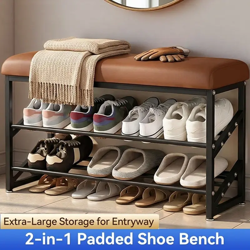 2-in-1 Sturdy Thickened Shoe Organizer Bench - 39x23 in, Cushioned Seat, Storage Cabinet, Easy-Assembly Rack for Entryway, Hallway Home Supplies