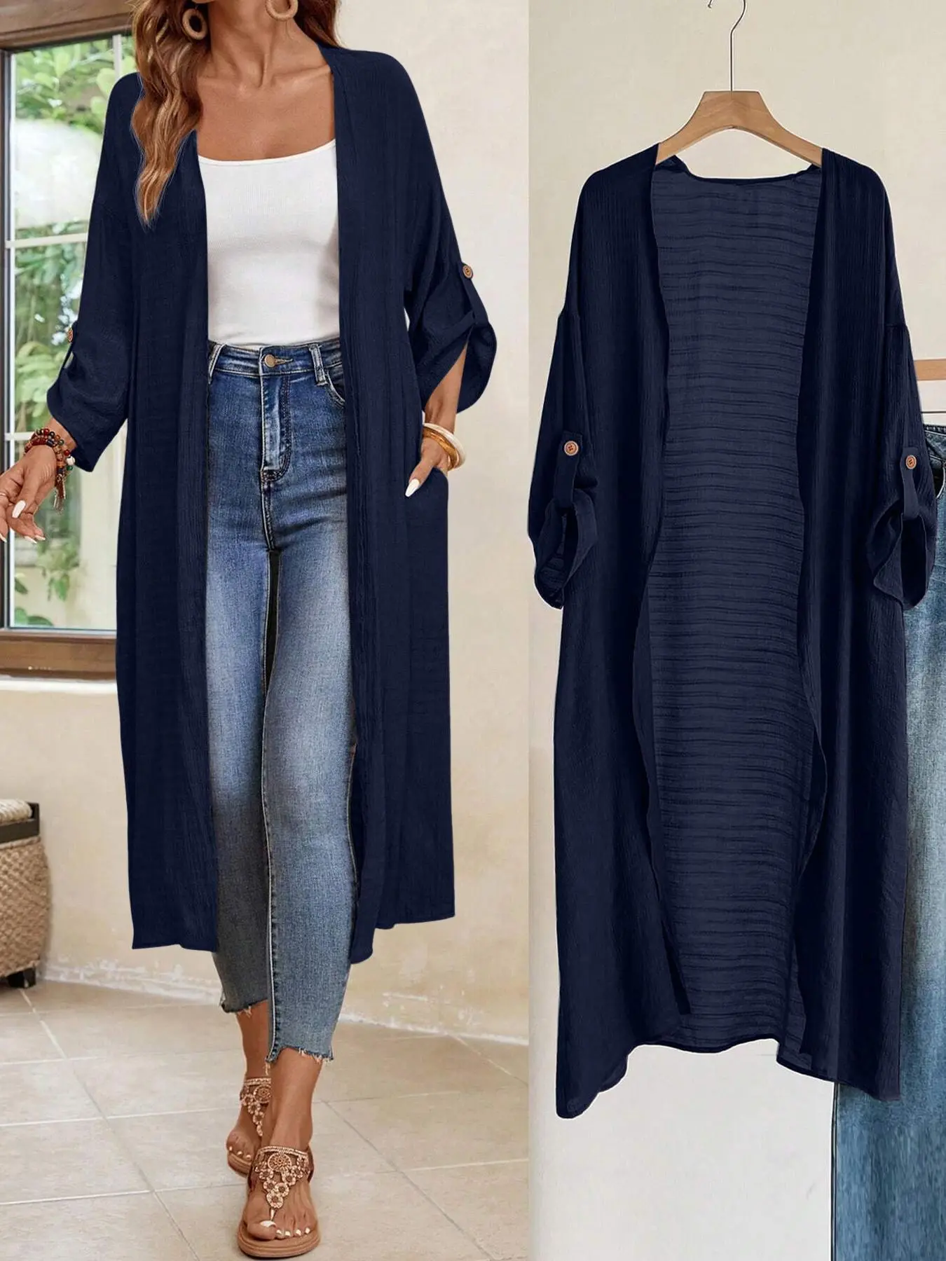 Women's long cardigan, casual lightweight jacket with adjustable cuffs, solid color coat, trench coat, women's autumn coat, autumn women's clothing, autumn apparel, office wear, casual wear