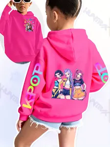 Girls Kpop Demon Hunters Hoodie, Colorful Star Pattern, Casual Fitted Sweatshirt, Autumn Winter Elastic Fabric, Christmas Gift, Graphic Casual Hoodie