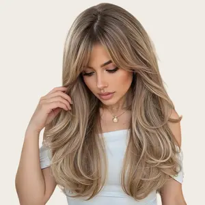 AOLIDA Women's Pre Cut 20-Inch Layer Cut Glueless Synthetic Material Wig with Bangs, Heat Resistant Machine Made Wig, Susan Honey Brown with Highlight, Pre Cut Wig Snug Fit Wig Straight Layered Wigs