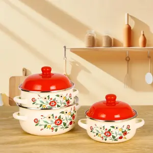 Flower Pattern Enamel Stockpot with Lid, 3 Counts/set Multifunctional Soup Pot & Stew Pot, Dining Table Utensils for Restaurant Home Kitchen