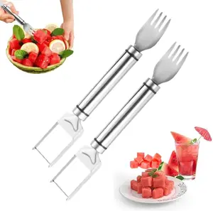 【2 Pack】Watermelon Fork Slicer Cutter Slicer Tool, 2-in-1 Stainless Steel Fruit Cutter, Dual Head Fruit Forks Slicer Knife with Round Handle Fruit Cutting Kitchen Utensils #SummerVibes