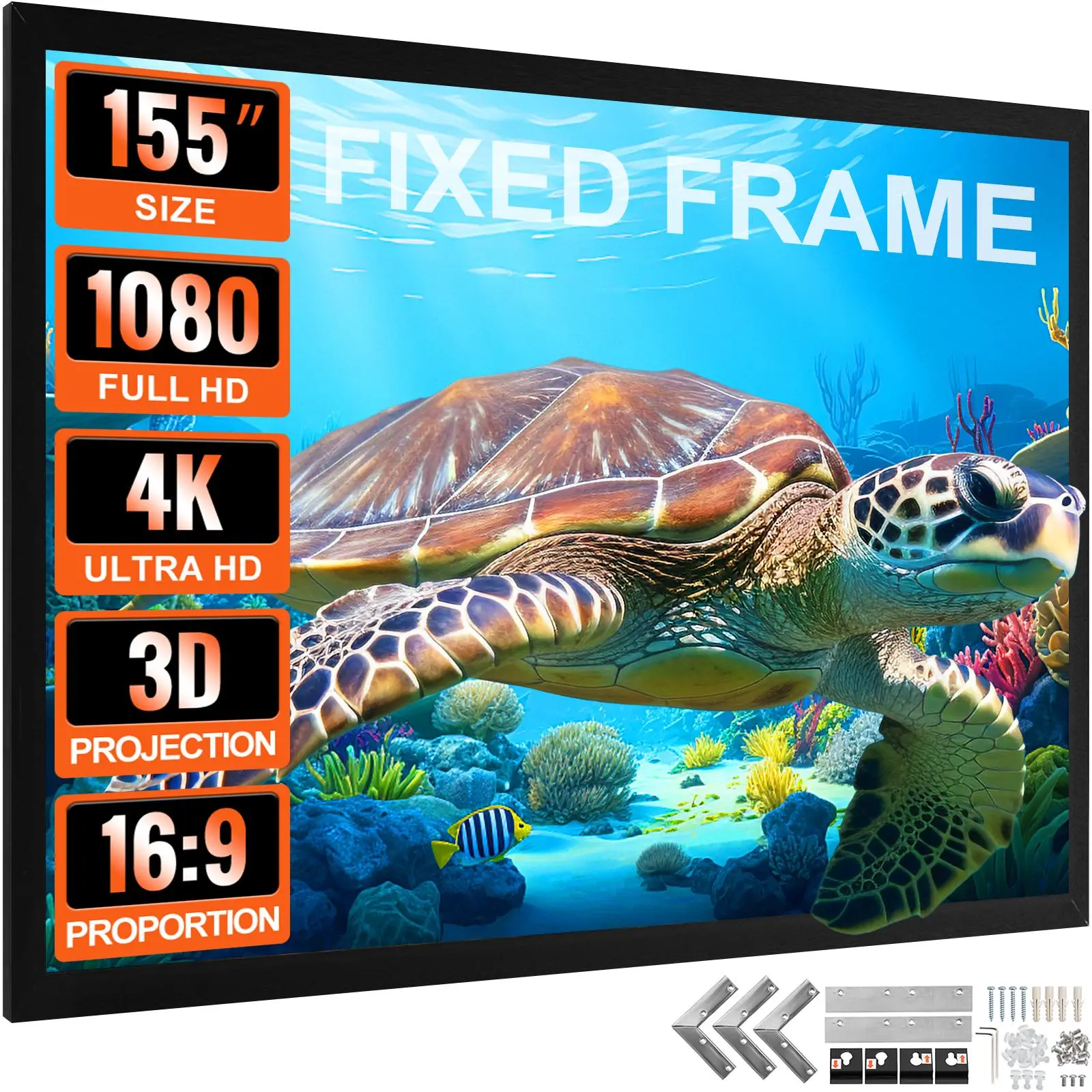 SummerFinds 155in Diagonal 16:9 HD Movie Projector Screen with Aluminum Frame, Wall-Mountable for Home Cinema, Games, Projector Movie Night, Living Room Use, Black Velvet Accessory