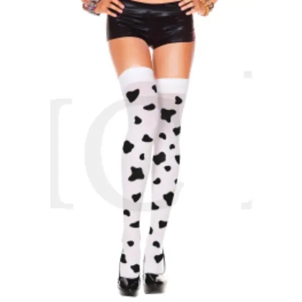 Men's Sky Hosiery 4279 Fabric Thigh-Highs, White-Black Cow Spot Print Stockings, Thighhighs