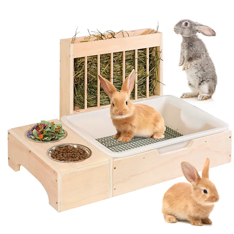 3-in-1 Functionality Extra Large Wooden Rabbit Hay Feeder - Detachable Grate for Easy Cleaning, 6-13 lbs Rabbits, Feeding Supply, Holds 1 lb Hay, Litter Box Toilet Training Aid, Vertical Bars Waste Control