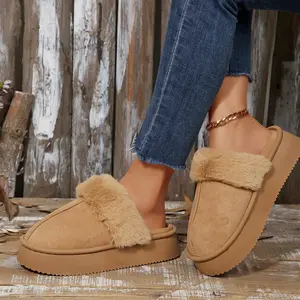 Holiday Themed Women's Slippers Santa Print Plush Trimmed Platform Mules Indoor Outdoor Shoes