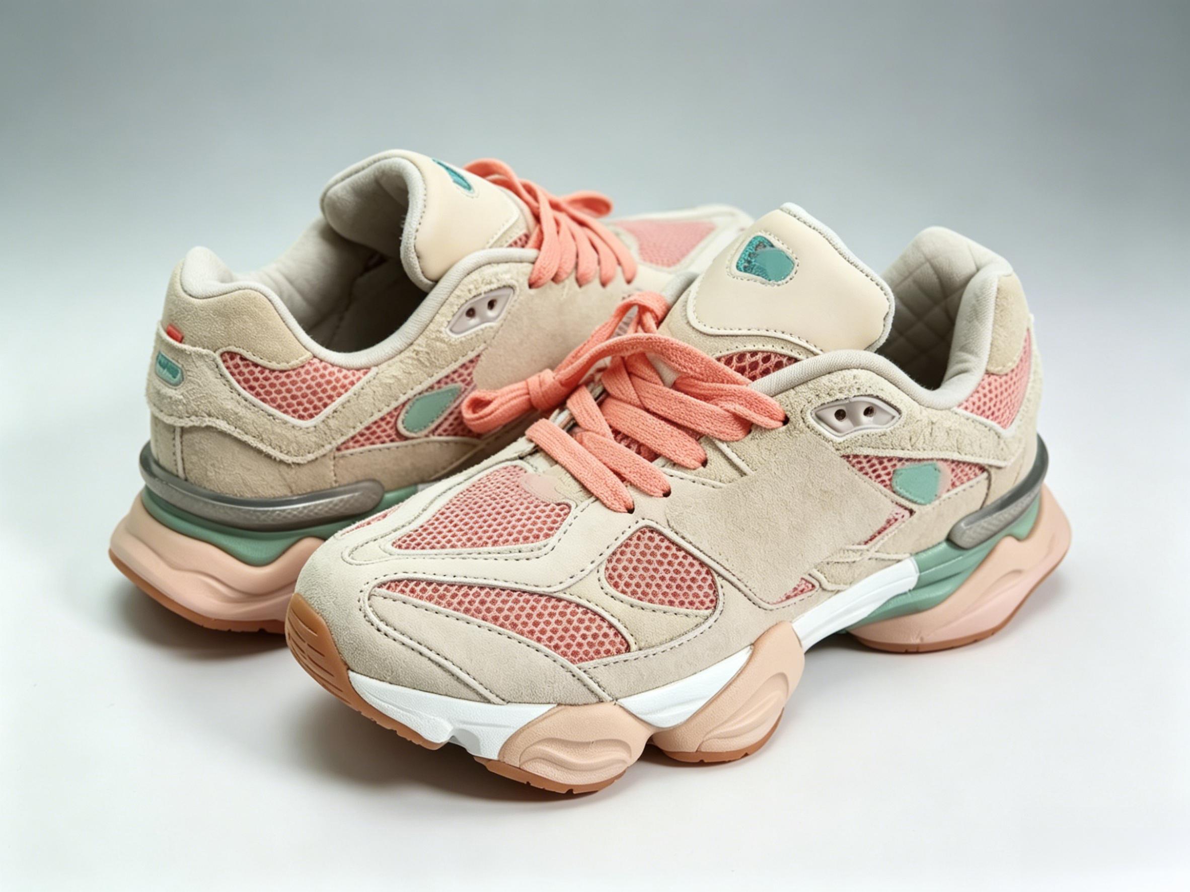 Women's Sporty Chic Casual Lace-up Running Shoes, Vintage Chunky Dad Sneakers (Beige & Pink) with Breathable Mesh, Green Midsole, Padded Tongue, Mixed-Material, Skin-Friendly Rubber Upper