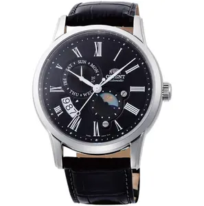 Orient Men's Sun & Moon Classic Stainless Steel Watch, Automatic Movement, Black Leather Strap, 42mm Sapphire Crystal