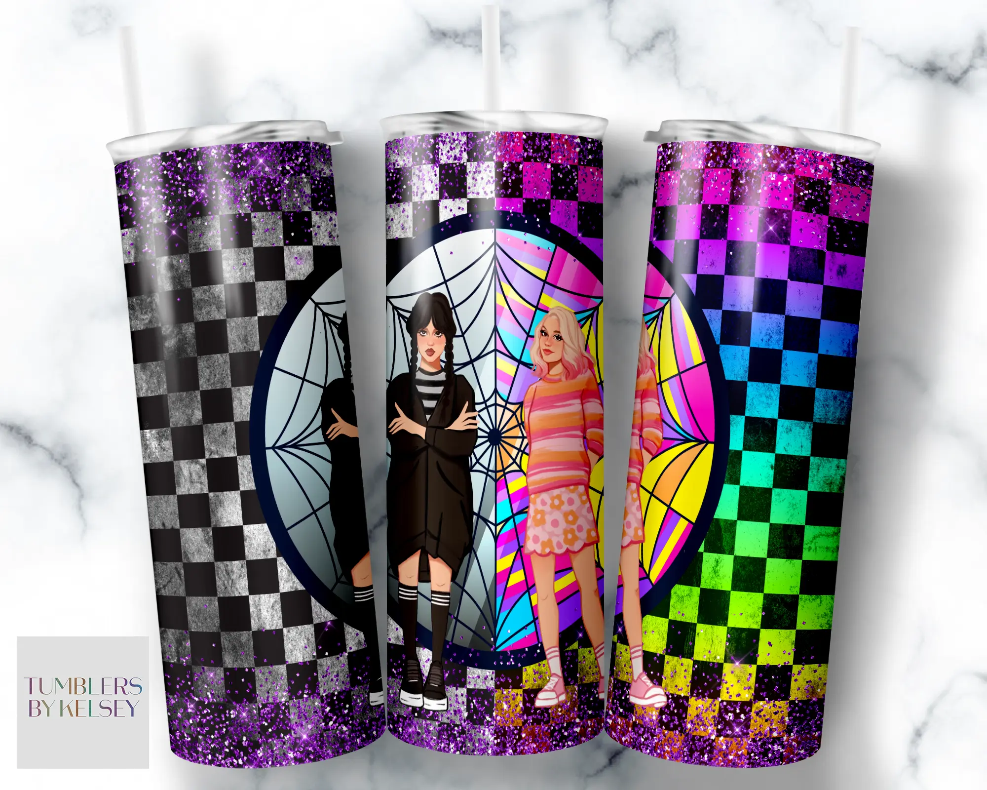 Wednesday and Enid - Addams Family - 20oz Custom Tumbler Bottle Drinkware Handmade Water Bottles