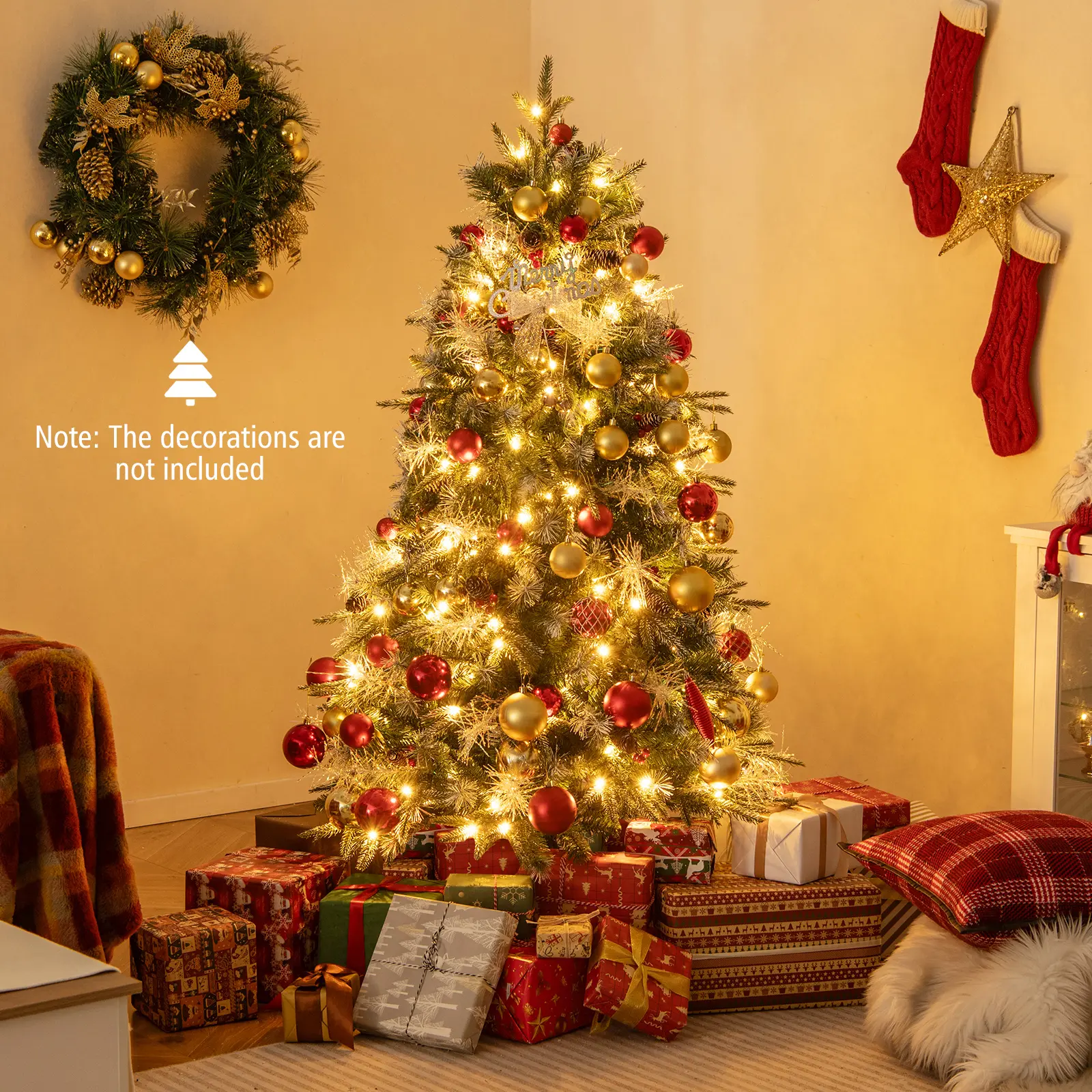 COSTWAY - 5 Feet Pre-Lit Artificial Christmas Tree with 8 Modes LED Lights with Berries