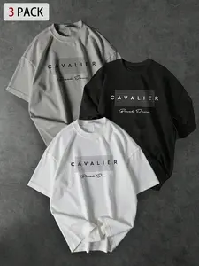 Men's Three-Piece Set Minimalist Style Casual Cavalier Graphic Print Round Neck Short Sleeve T-Shirt, Loose Fit Top (3 Piece), Streetwear & Daily Wear
