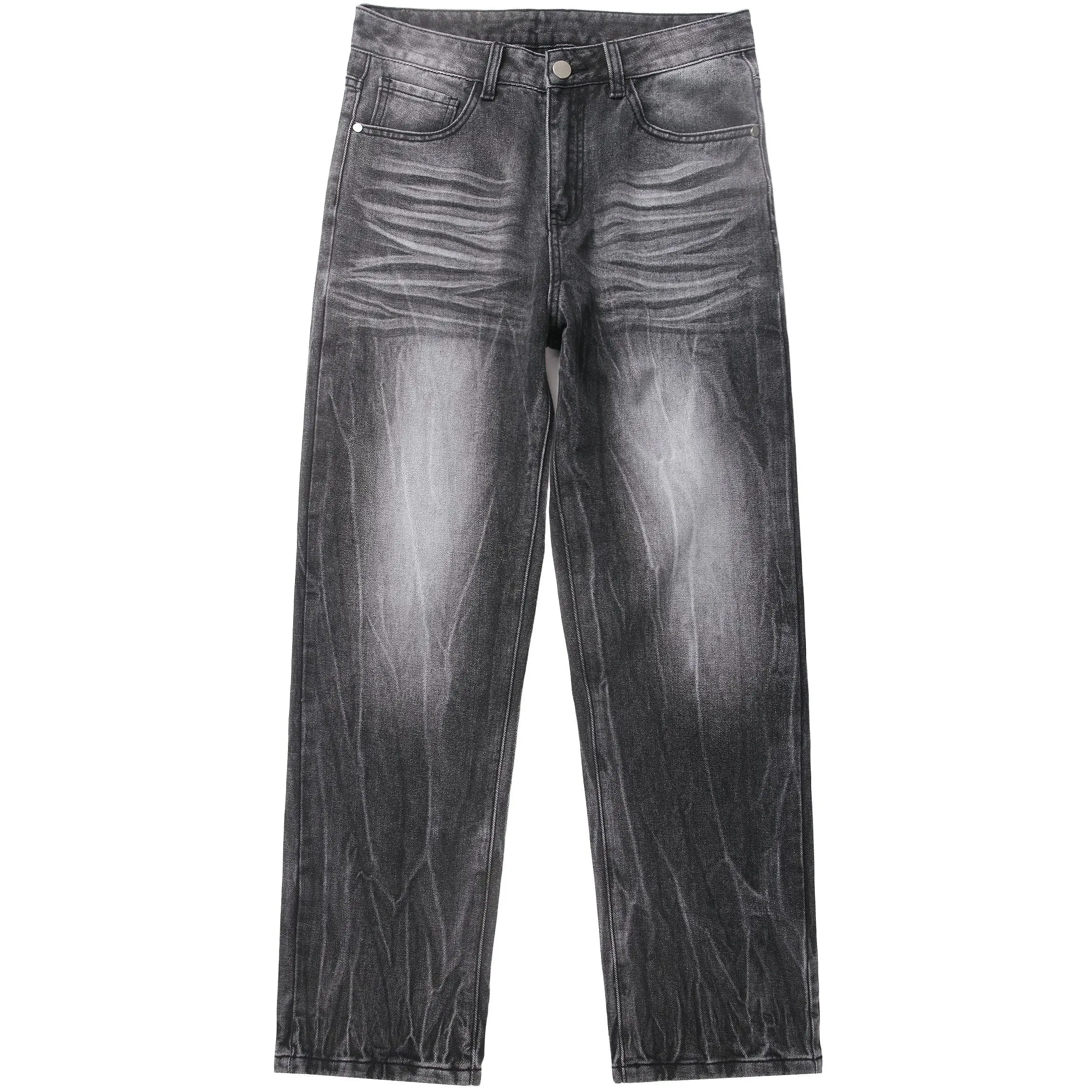 Men’s non-stretch vintage washed denim jeans featuring a lightning pattern design; available in loose straight cuts and stiff straight styles; street-style denim pants suitable for everyday wear.