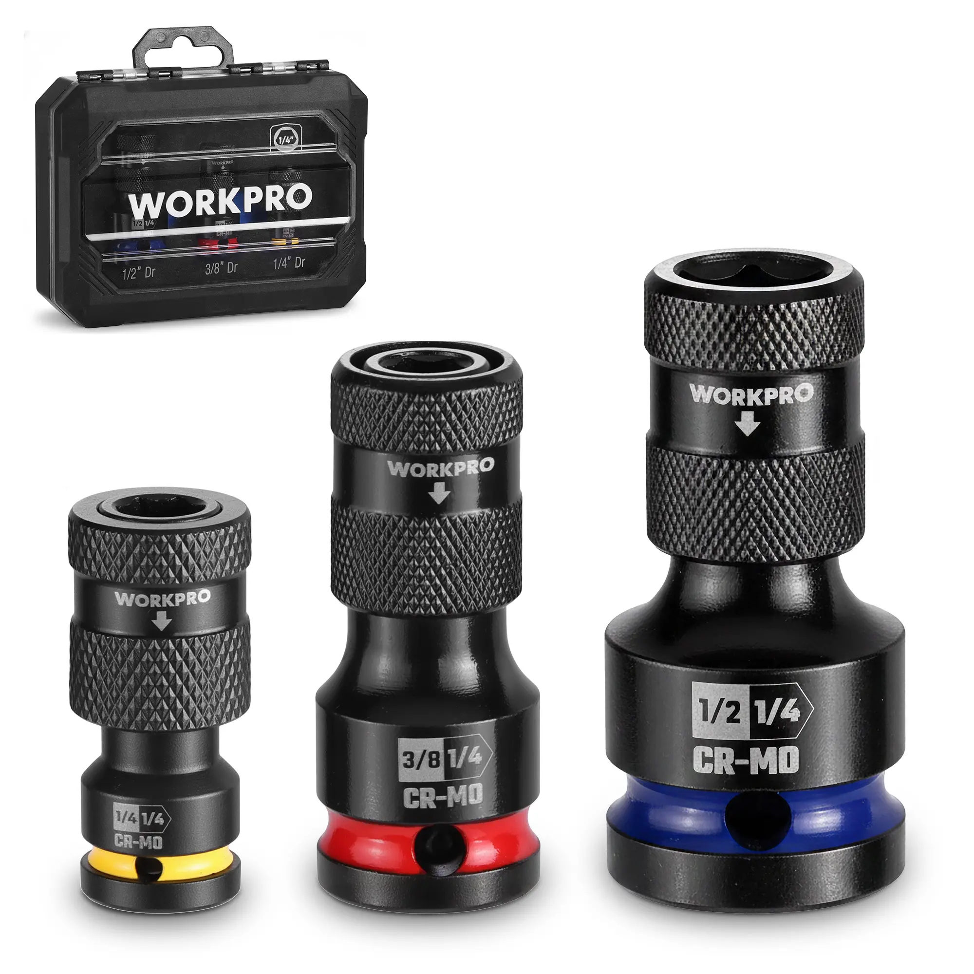 #toolupgrade WORKPRO 1/2-inch, 3/8-inch, and 1/4-inch Quick Release Hex Impact Socket Adapter Set and Bit Holders for Ratchet Wrenches, Drivers, Drills - Made from Durable CR-MO Steel