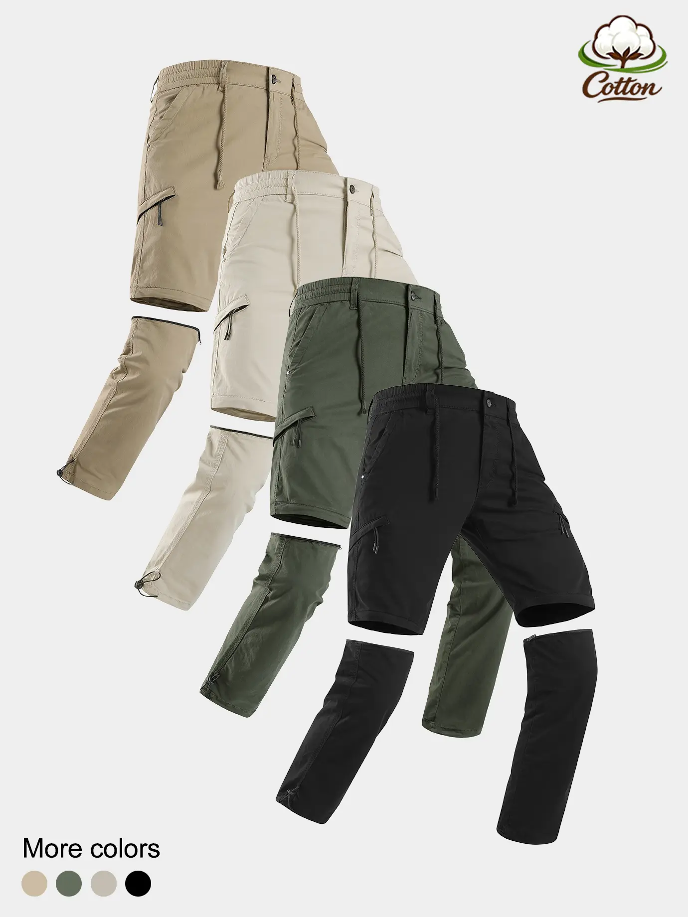 Streetwear 2-in-1 Detachable Cargo Pants, Zip Off Convertible Long To Shorts, Loose Fit 97% Cotton Trousers, Wrinkle Resist Outdoor Labor Casual Bottoms