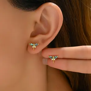 Women's Dragonfly Stud Earrings - 1-Pair Insect Series Copper Jewelry, Adorned with Cubic Synthetic Zirconia, Fashionable Female Costume Accessory