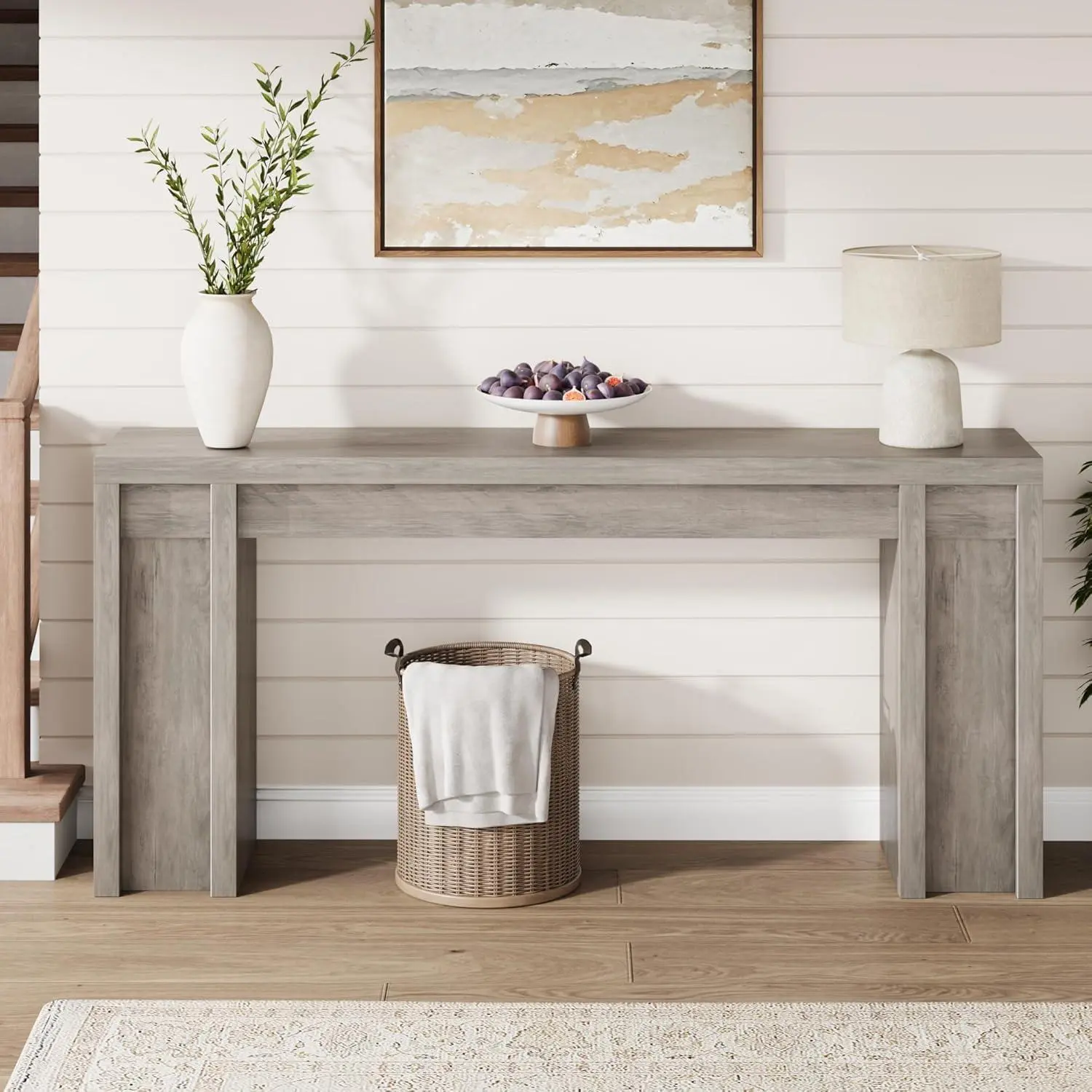 Garvee 70.9" Farmhouse Console Table, Extra-Long Narrow Entryway Piece with 2 Drawers & 2-Tier Open Shelves, PB Wood for Living Room, Hallway (Gray), Console Table Entryway