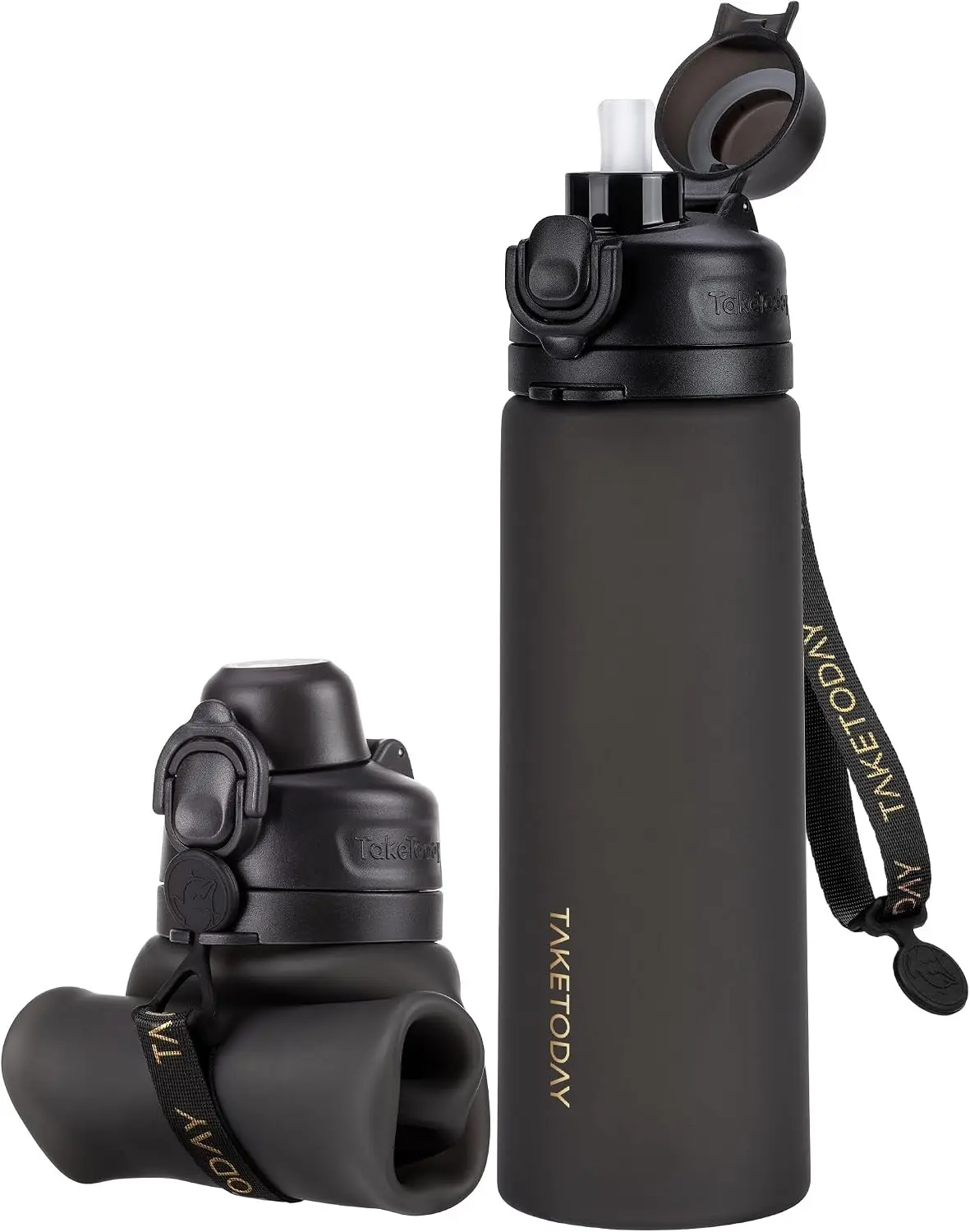 TakeToday Collapsible Water Bottles 21oz (600mL), Foldable Platinum Silicone Travel Water Bottle with Straw & Carry Strap, Leak-Resistant Screw Lid, Wide Mouth, BPA-Free for Hiking, Camping, Travel Gift