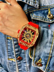 Lucky Red Diamond Nautical Compass Watch Gold Diamond Tonneau Case, Lucky Red Silicone Strap, Compass Dial, Full Diamond Luxury, Unisex Hip Hop Luxury Watch