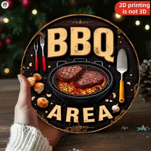 1pc 2D Flat Vintage Tin Sign Round BBQ Area Sign Wall Decor Black with Gold Trim Grilled Meat and Utensils Print Outdoor Patio and Backyard Barbecue Decoration 8X8 Inch Metal Sign Suitable For Home Garden Bar Decorative Sign Perfect Sign Gift