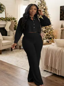 USBoutique Chic Two Piece Set Women's Back To School Solid Button Front Crop Blouse & Elastic Waist Pants Fall Sets, Batwing Sleeve Stand Collar Top & Straight Leg Trousers, Co-ords for Women, Two Piece Sets, Matching Sets Going Out Fall Outfits