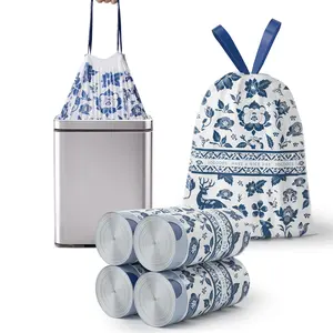 Blue and white pattern sturdy garbage bags with drawstring closure, blue and white, odorless tall kitchen garbage bags, leak-proof, puncture-proof, tear-proof, durable closureTrash Bags for Office, Kitchen, Bedroom Trash Cans