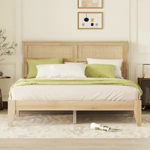 Boho Bed Frame Queen size with Rattan Headboard, Rattan Bed Frame & Queen Platform Beds Frames with Wood Legs, Solid Wood Beds Frames with Storadge Underneath,Easy Assembly (Oak White, Queens)
