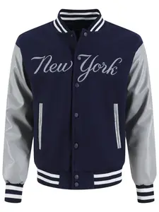 Men's Deep Blue #99 Number Baseball Jacket, Casual Fashion High-End Embroidered Button-Up,Patchwork Gray PU Long Sleeve College Style Coat