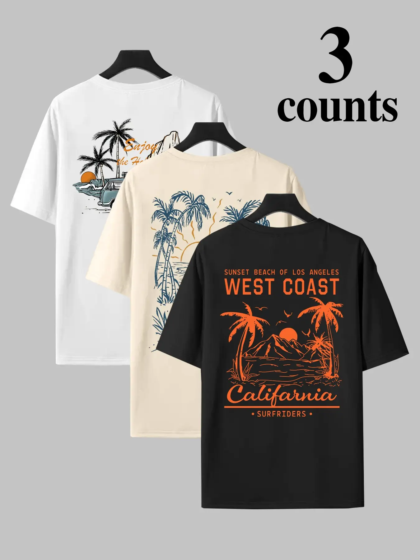 Men's Three-Piece Set, Tropical Coconut Tree Print Graphic Short Sleeve T-Shirt, Breathable Casual Relaxed Fit Streetwear Round Neck Top, Summer Outdoor Wear, Casual Summer Clothing
