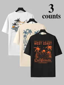 Men's Three-Piece Set, Tropical Coconut Tree Print Graphic Short Sleeve T-Shirt, Breathable Casual Relaxed Fit Streetwear Round Neck Top, Summer Outdoor Wear