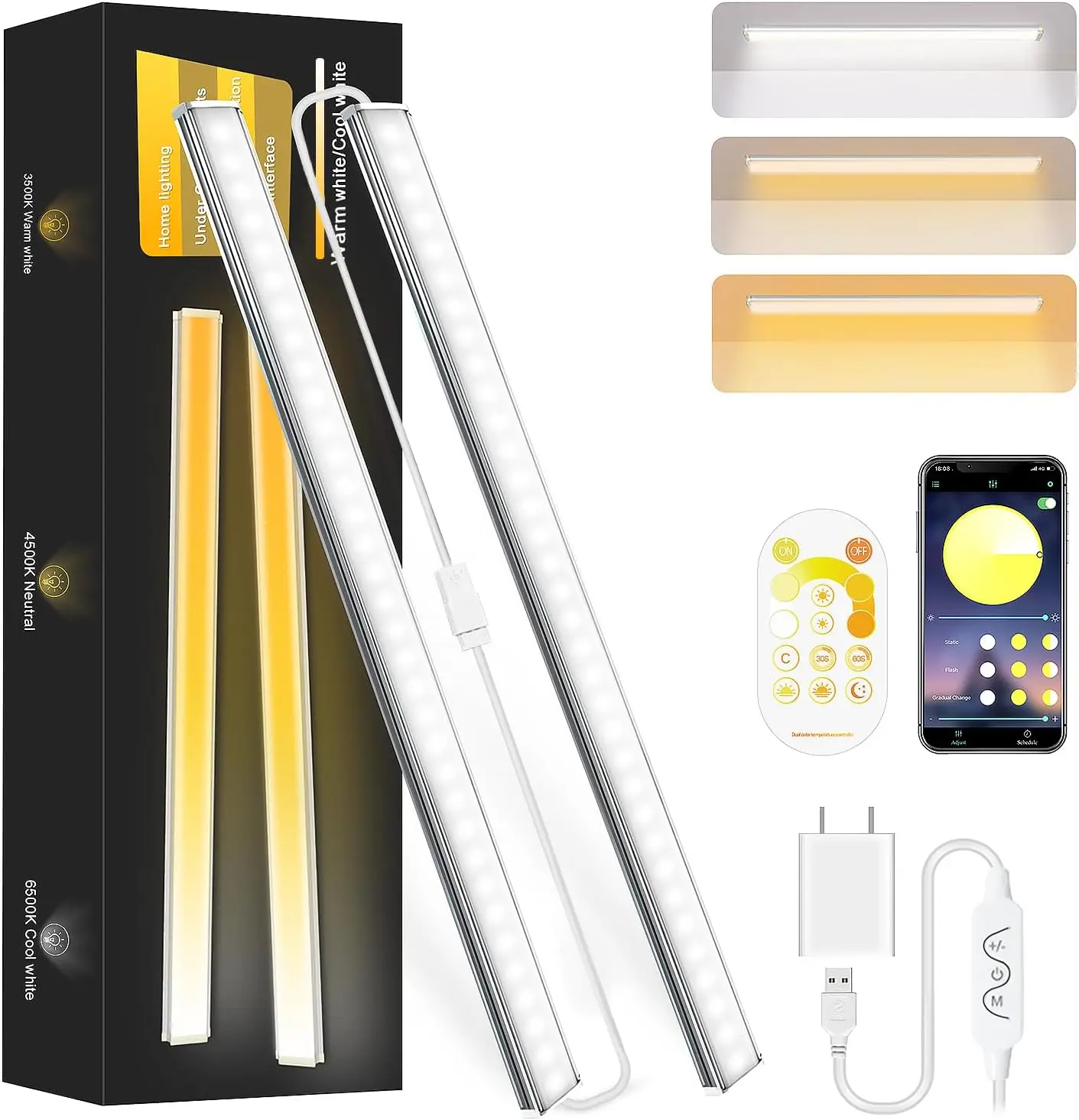 2pcs 12-Inch Ultra Thin LED Under Cabinet Lights with Clips, Plastic Build, 1300 Lumens, 3.9ft Extension Wire, 3-Color Remote & APP Control, USB-Powered for Kitchen, Closet (Home Improvement Indoor Lighting)