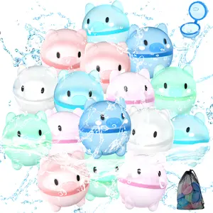 Summervibes [8/12/16 Pcs] Magnetic Water Balloons Reusable - Self Sealing Quick Fill Silicone Water Bombs, Cute Piggy Design Refillable Splash Balls for Kids & Adults, Summer Outdoor Backyard Pool Games Toy