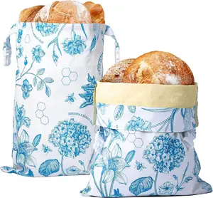 Reusable Vintage Floral Beeswax Bread Bags for Sourdough, 2 Pack Large Beeswax-Lined Cotton Homemade Bread Storage Bags, Natural Freshness Keeper, Blue, 17''x 13"