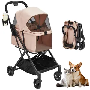 Collapsible Dog Stroller for Small & Medium Pets – Lightweight, 360° Shock-Absorbing Wheels, Breathable Mesh Canopy, Weather Cover, Storage Basket, Cup Holder – Ideal for Walking, Travel, Airline Approved – Khaki