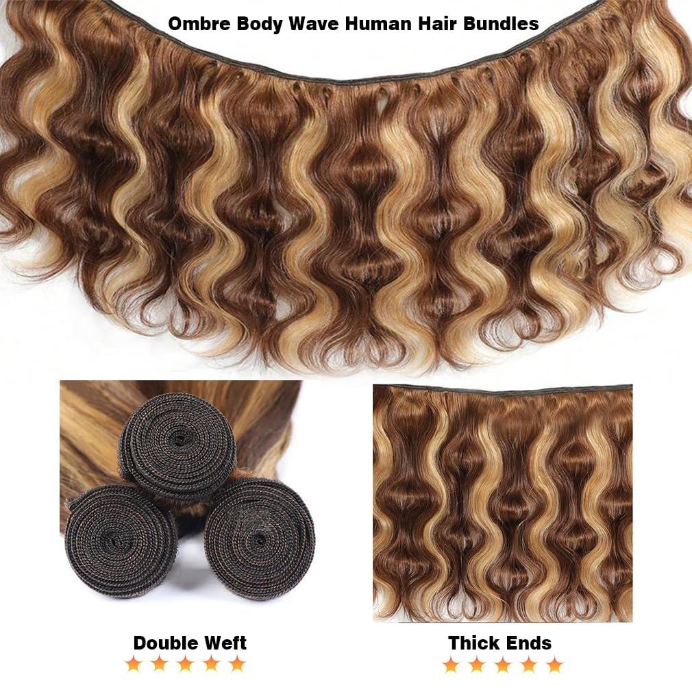 Odbe Hair P4/27 Highlight Body Wave Bundles 26 28 Inch Ombre Brown 12A Brazilian Virgin Unprocessed Human Hair Extensions Weave 1 3 4 Bundles for Women