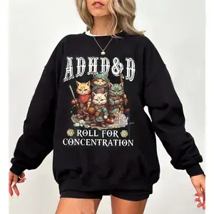 Funny ADHD & D Roll For Concentration Funny Gamer Shirt, ADHD Shirt, D&D T-Shirt, Funny Cat D D Sweatshirt, Gift for DM Game Master