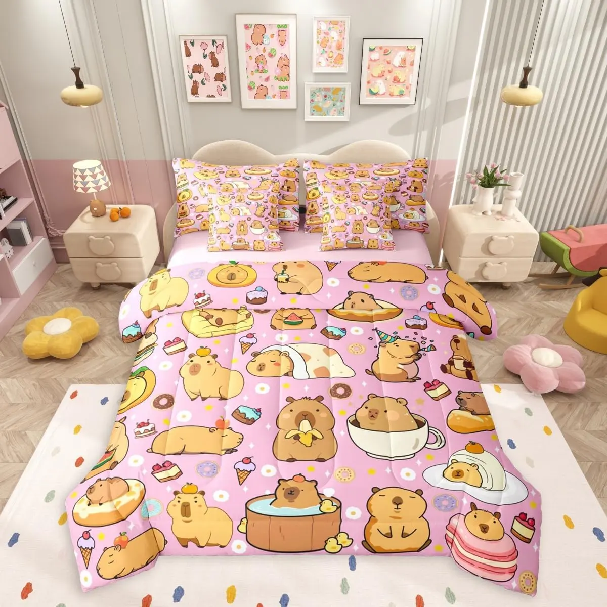 Cute Capybaras 7 Pieces Bedding Set,Pink Cartoon Capybara Bed in a Bag,Kawaii Rodent Animals Bed Set Includes Comforter,Sheet Set,Pillowcases & Pillow Covers,Ice Creams Cakes Bedroom Decor
