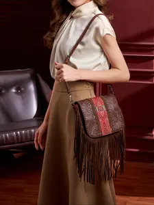 Women's Boho Style Contrast Color Fringe Decorated Crossbody Bag, Vintage Trendy Shoulder Bag, Fringe Hobo Bag, Fashionable Bag for Daily Use, Stylish Crossbody