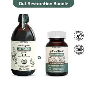Gut Health Bundle | Triquetra Flora Biome Probiotic, Prebiotic, & Postbiotic 10 Probiotic Strains, 18 Fermented Herbs + Flora Digest Digestive Enzymes 30 capsules + Free Measuring Shot Glass | Support a healthy microbiome