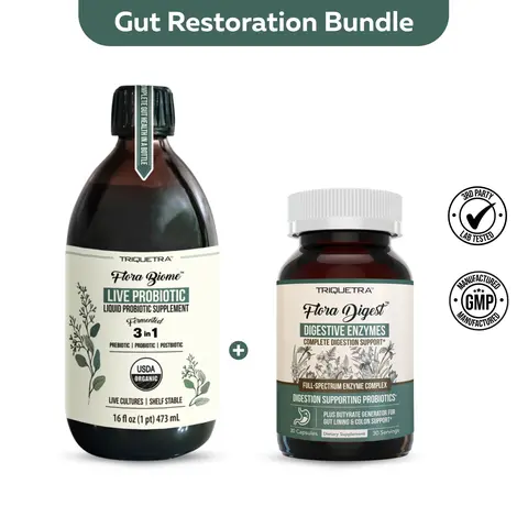 Gut Health Bundle | Triquetra Flora Biome Probiotic, Prebiotic, & Postbiotic 10 Probiotic Strains, 18 Fermented Herbs + Flora Digest Digestive Enzymes 30 capsules + Free Measuring Shot Glass | Support a healthy microbiome